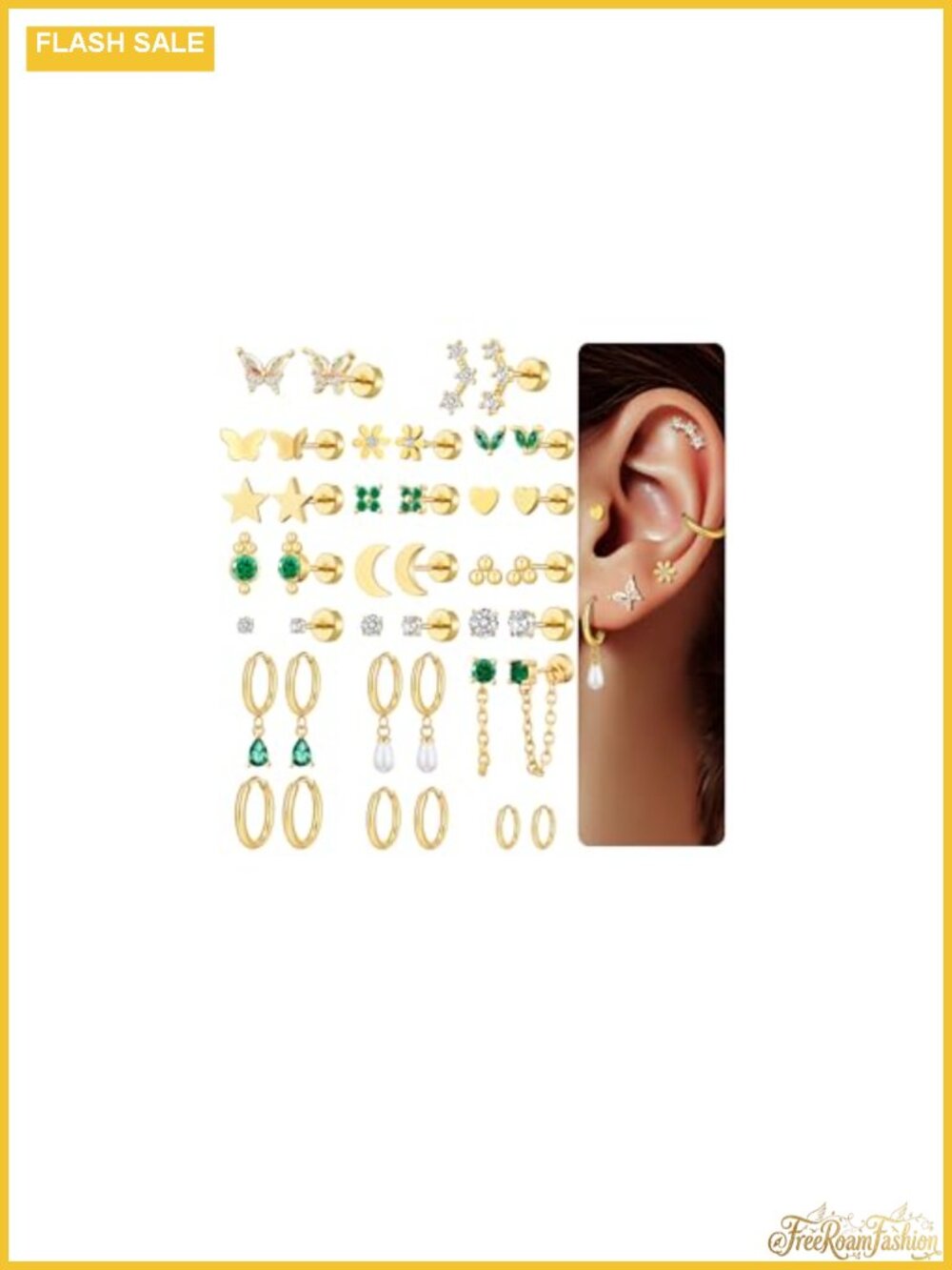20 Pairs 40pcs Gold Flat Back Earrings Hypoallergenic Cartilage Earring Set 18K